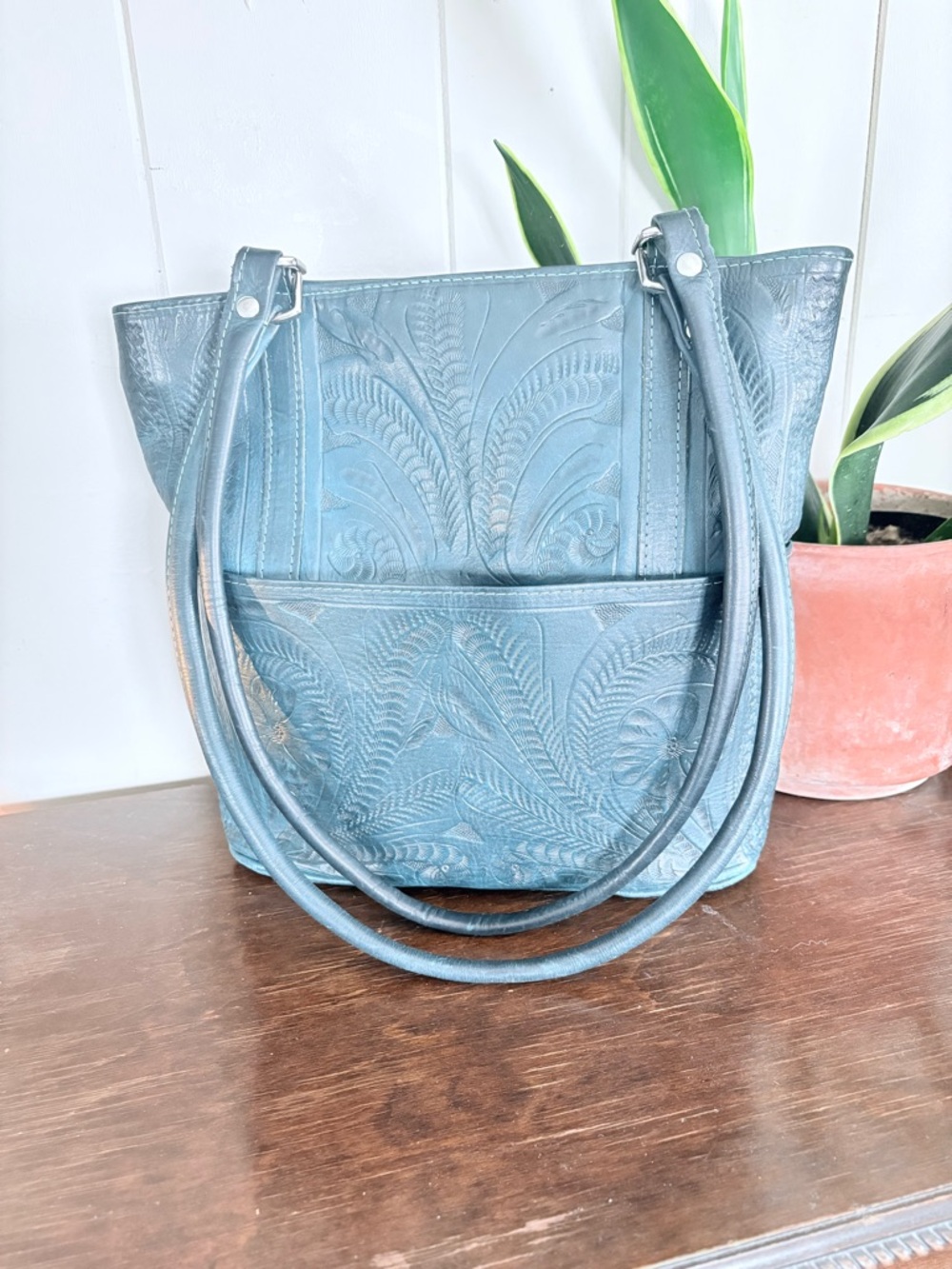Teal Hand Tooled Tote bag